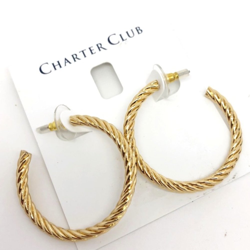 Charter Club Gold Tone Medium Twist Hoop Earrings New